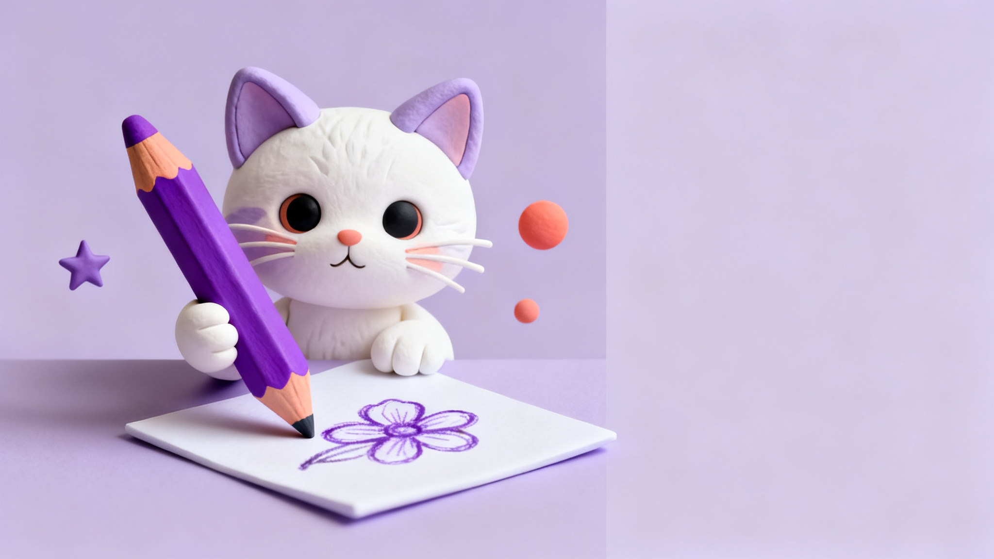 A creative kitten drawing a flower with a purple pencil