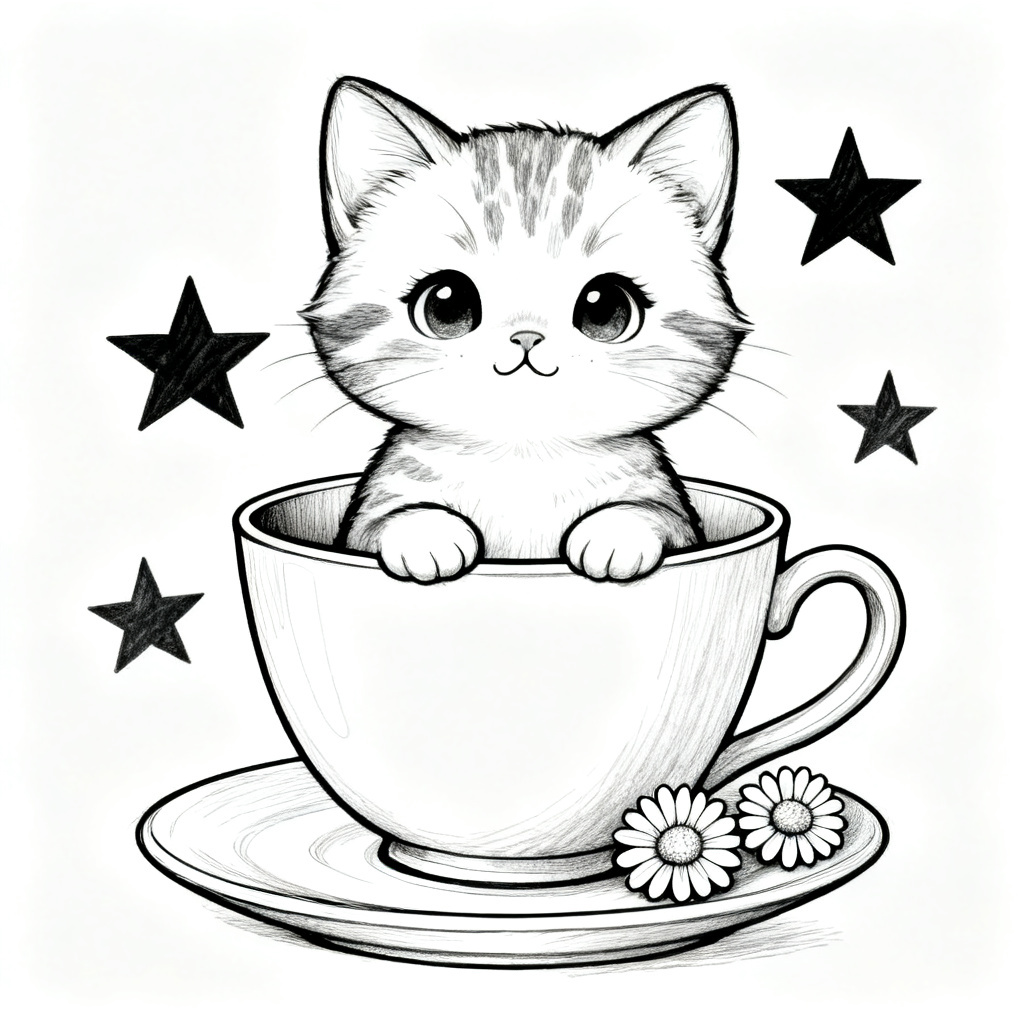 Kitten in a teacup drawing